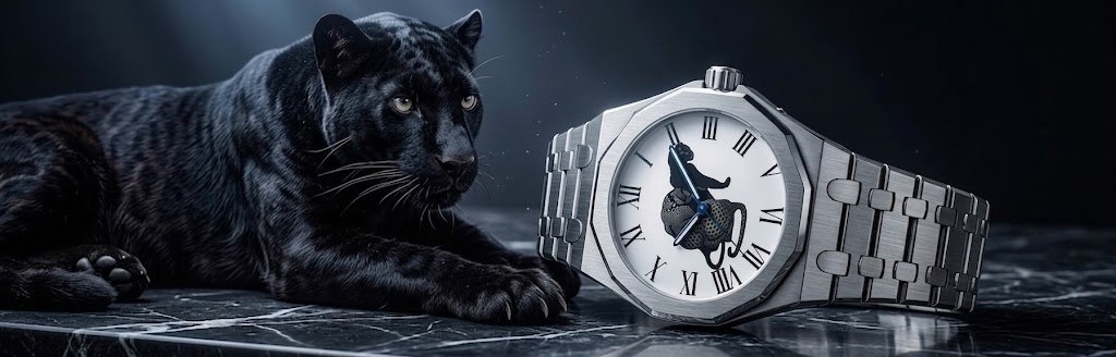 Reloj con pantera sobre mármol